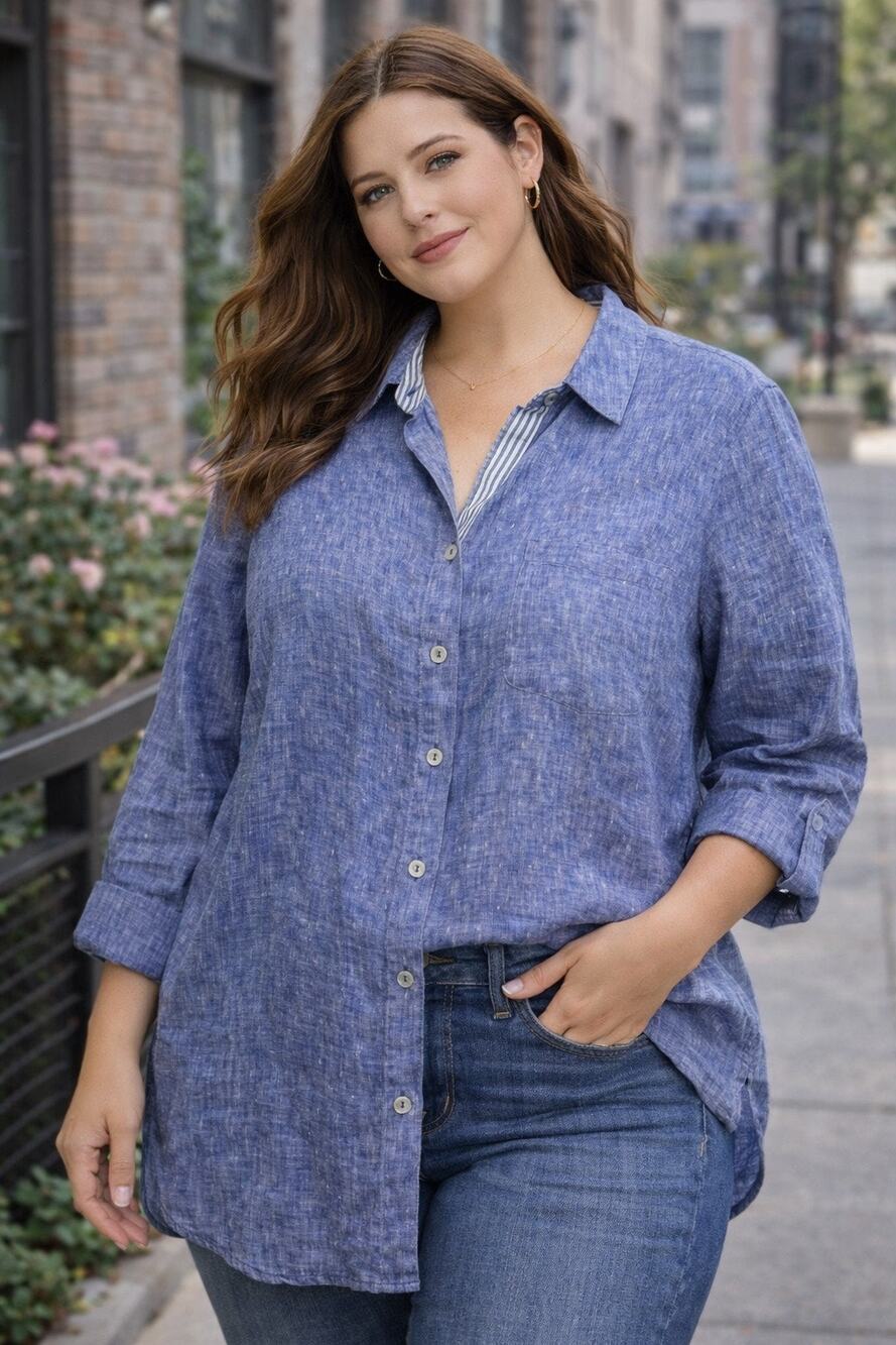 Chico’s FreshChic Linen Shirt Size 3 XL Blue No Iron 3/4 Sleeve Button Down